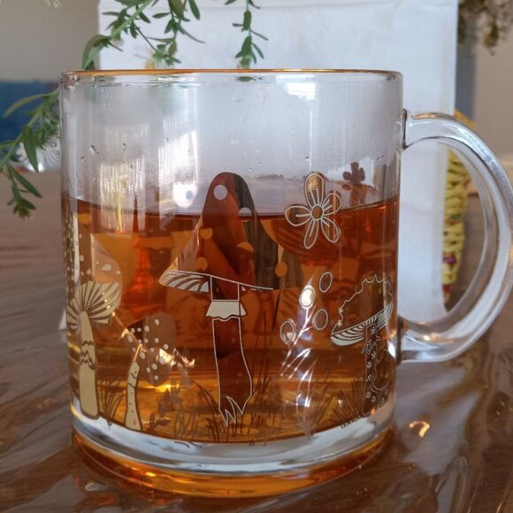 Gold Mushroom Clear Glass coffee/tea Mug (cottagecore) - Picture 5 of 5